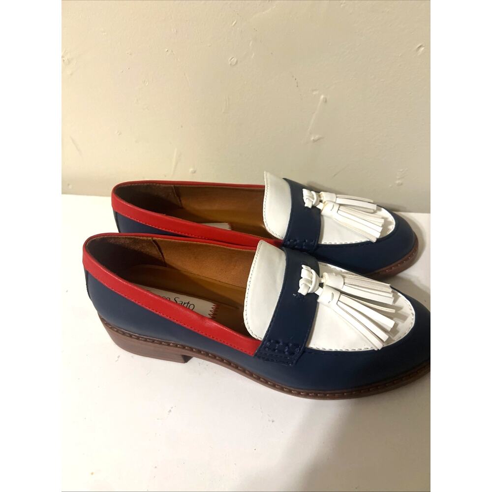 Franco‎ Sarto Carolynn Lug Sole Tassel Loafers Camel Blue/White Faux Leather 5.5